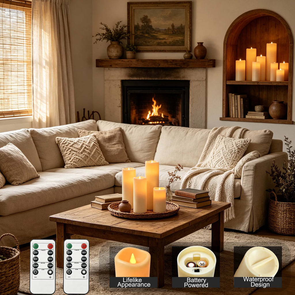 Flameless Pillar Candles with Remote,9 Pack Waterproof Outdoor Large LED Fake Candles Battery Operated Electric Votive Flicker Lights,Ivory
