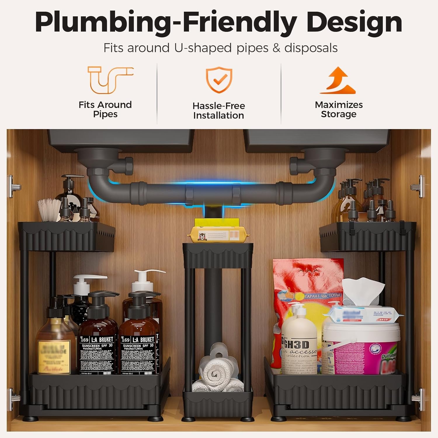 3-Pack 2-Tier L-Shaped under Sink Organizers with Sliding Drawers