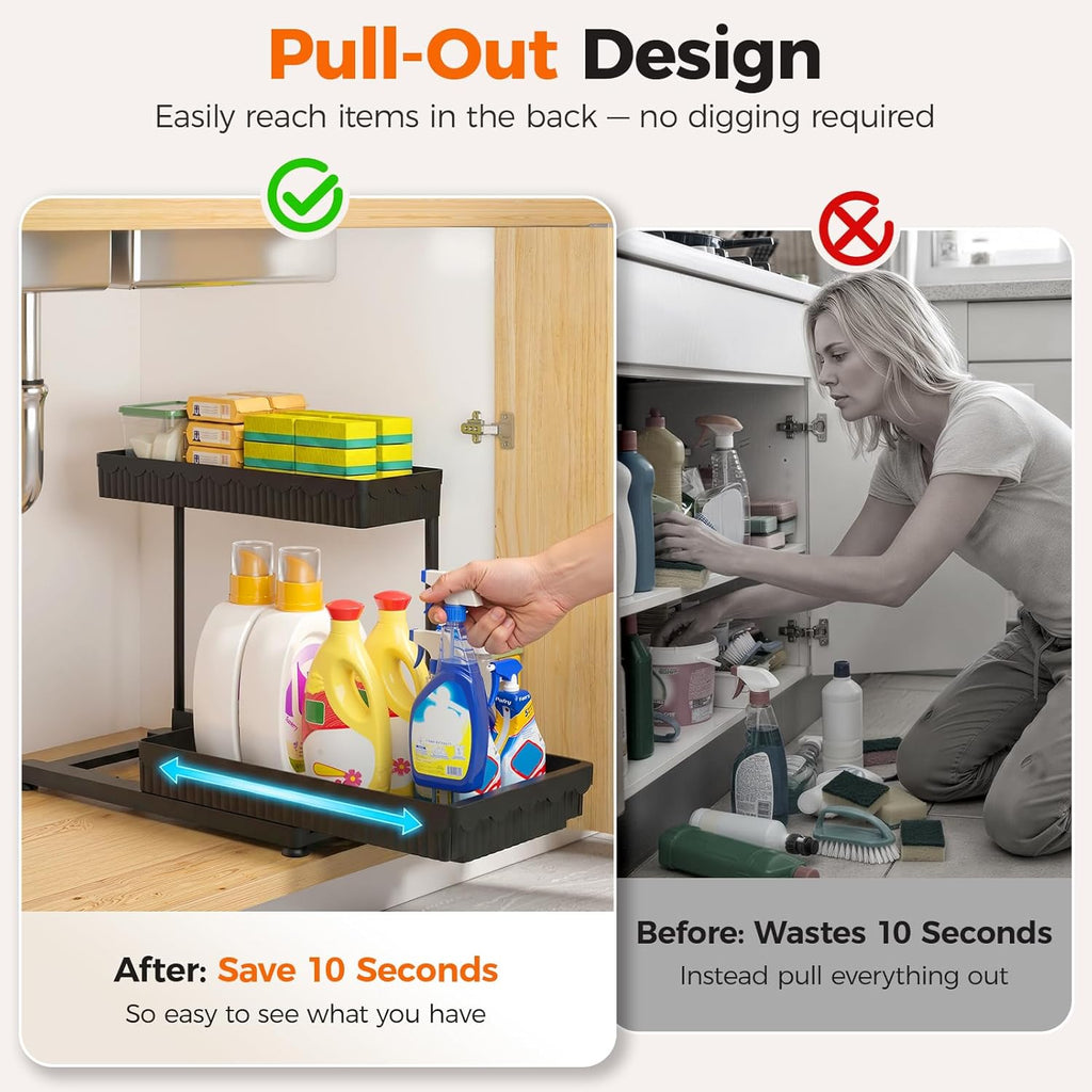 3-Pack 2-Tier L-Shaped under Sink Organizers with Sliding Drawers