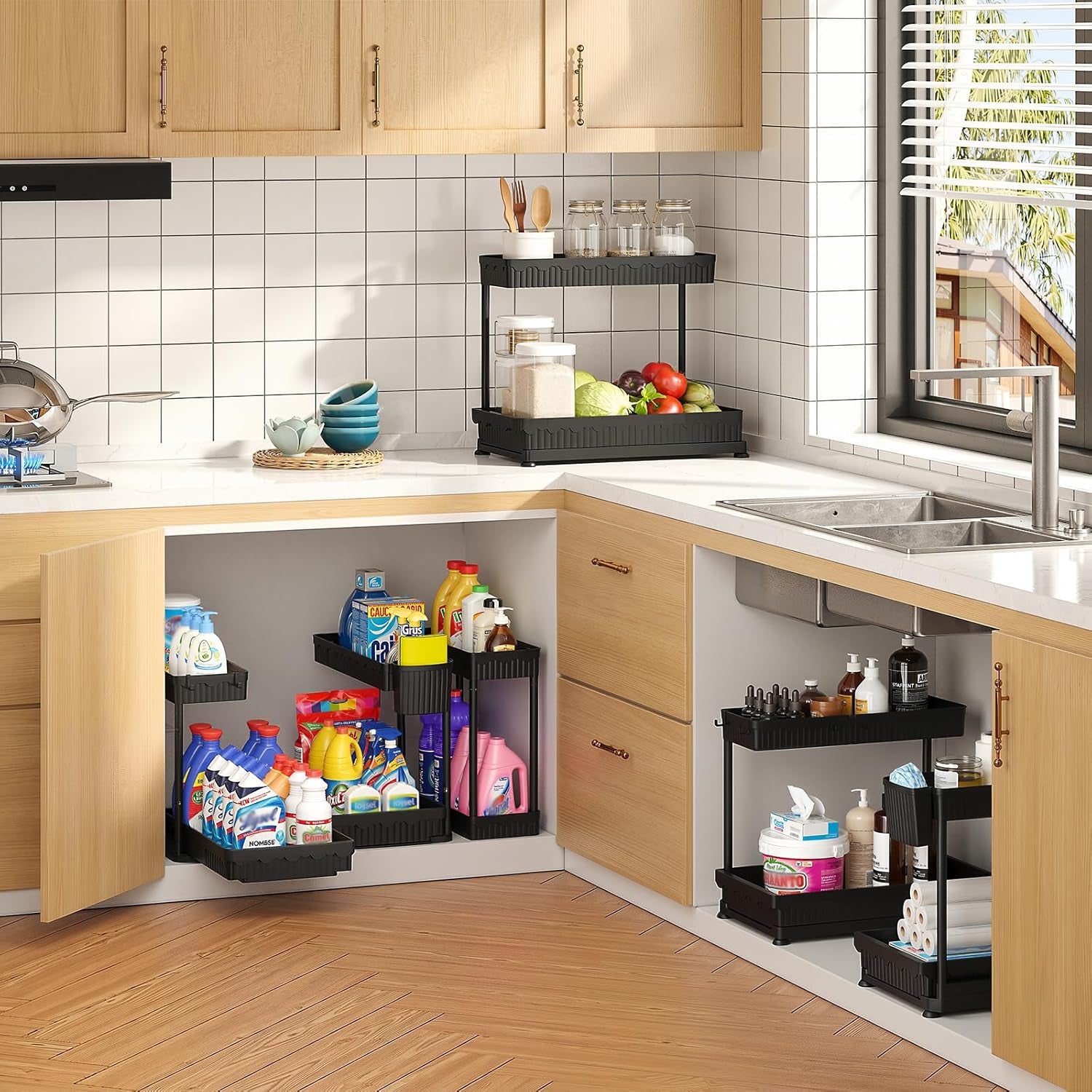 3-Pack 2-Tier L-Shaped under Sink Organizers with Sliding Drawers