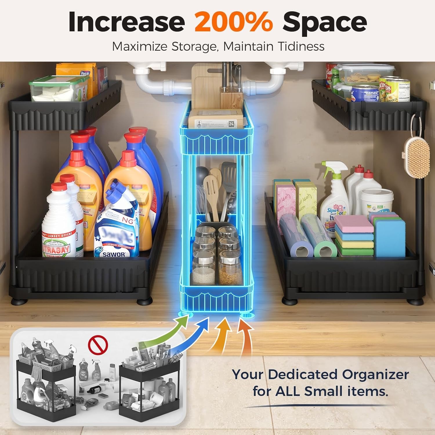 3-Pack 2-Tier L-Shaped under Sink Organizers with Sliding Drawers