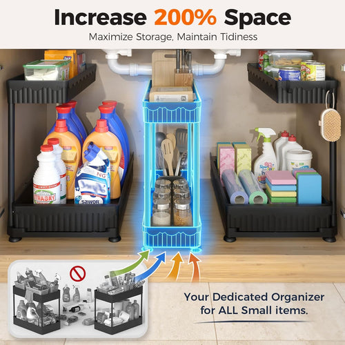 3-Pack 2-Tier L-Shaped under Sink Organizers with Sliding Drawers